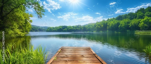 Serene lake with wooden pier, lush green trees, bright blue sky, and sun shining overhead, perfect for peaceful nature and outdoor scenes. photo