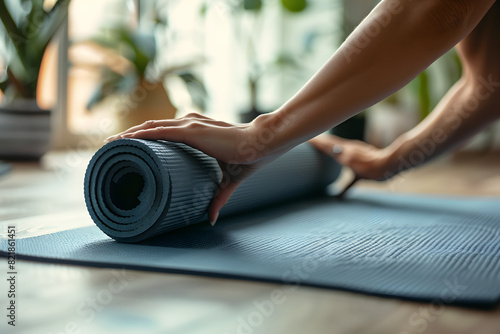 a person's hands rolling out a yoga mat for a morning sun salutation practice, starting the day with movement and intention