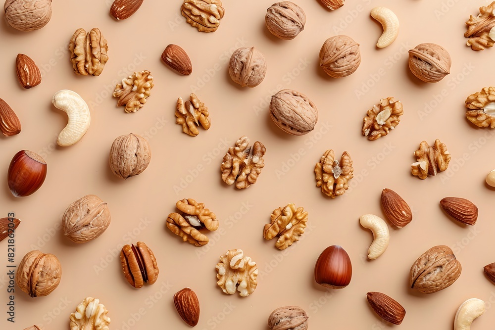 Various nuts on a beige background. Top vıew. Walnuts, pistachios, almonds, hazelnuts and cashews. Various nuts on a beige background. Top vıew. Walnuts, pistachios, almonds, hazelnuts and cashews.