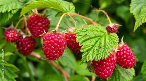 A bunch of red raspberries are hanging from a leafy green stem. The berries are ripe and ready to be picked. Ripe raspberry raspberry fruit plant
