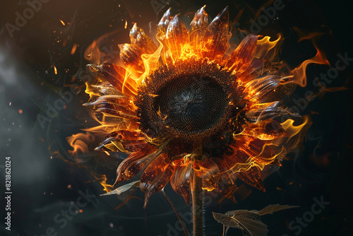 Sunflower Made of Flames and Fire, Isolated on Black An Illustration made in part with  © Tohamina