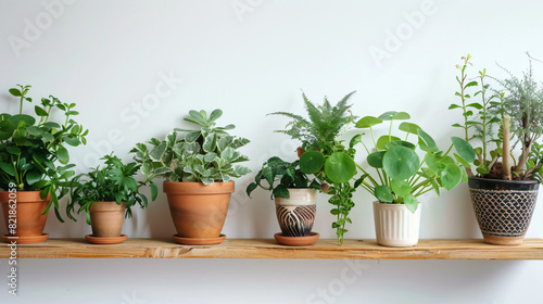 Green houseplants in pots on wooden shelf near white white