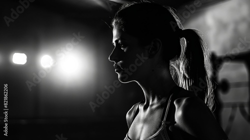 Black and white image of a woman working out in a gym