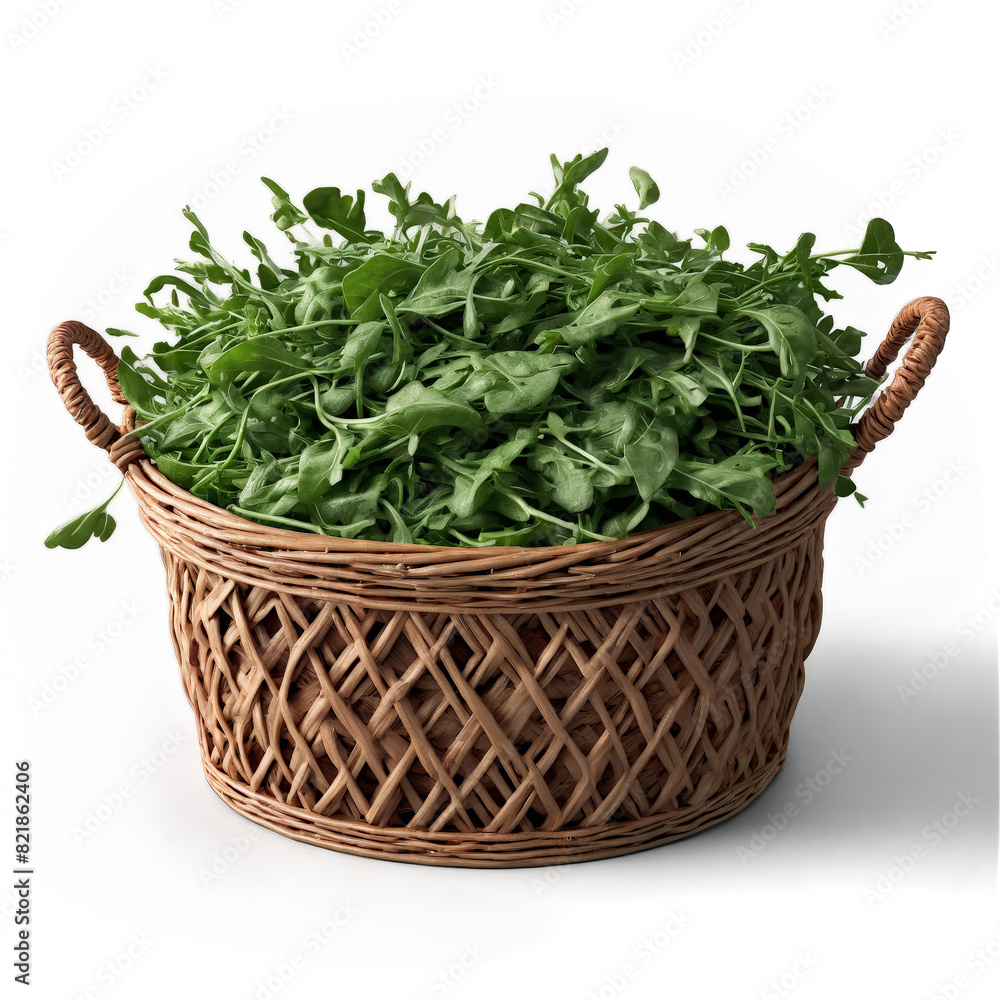 Arugula eruca sativa dark green leaves and bunches dancing over weathered wicker basket misty air Arugula eruca sativa dark green leaves and bunches dancing over weathered wicker basket misty air