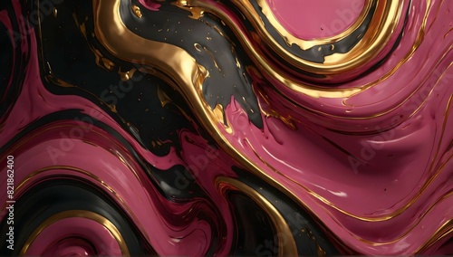 A painting with pink, gold and black swirls, in the style of dark scarlet and light gold, liquid minimalist-core, use of precious materials, meticulous design, dark sanguine and pink, velvet - red and photo