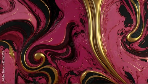A painting with pink, gold and black swirls, in the style of dark scarlet and light gold, liquid minimalist-core, use of precious materials, meticulous design, dark sanguine and pink, velvet - red and photo