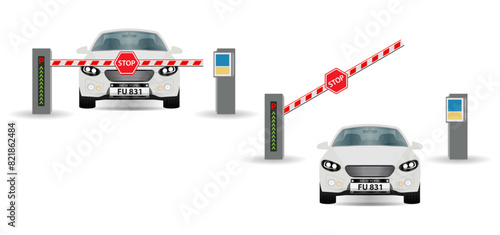 A Car Positioned in Front of a Closed Boom Barrier. Barrier Opened and the Car Goes Through the Parking Barrier and Street Road Stop Border. Entry Through the Barrier and Entrance Control. Vector.