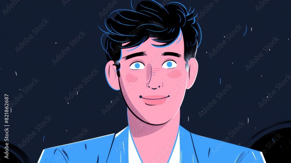 Illustration of a happy young businessman with a smile, wearing a blue suit against a dark background. Illustration of a happy young businessman with a smile, wearing a blue suit against a dark background.