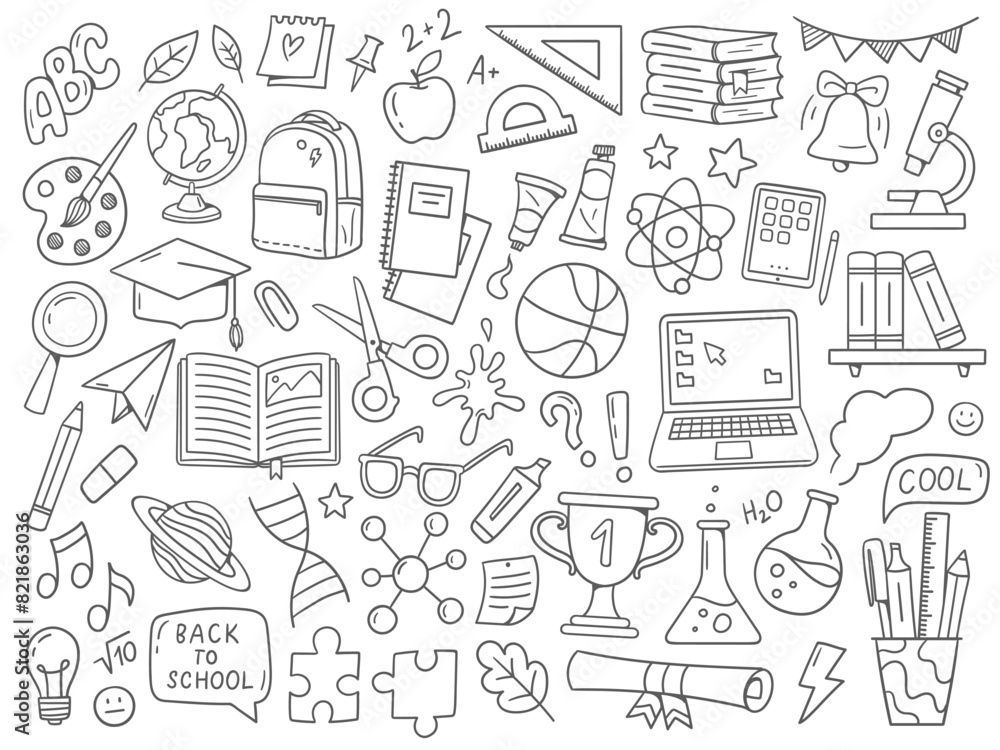 Naklejka premium Back to school doodles. School supplies and educational elements. Hand-drawn vector illustrations isolated on a white background.