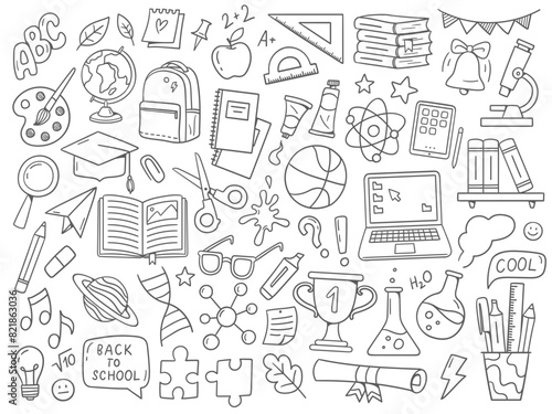 Back to school doodles. School supplies and educational elements. Hand-drawn vector illustrations isolated on a white background.