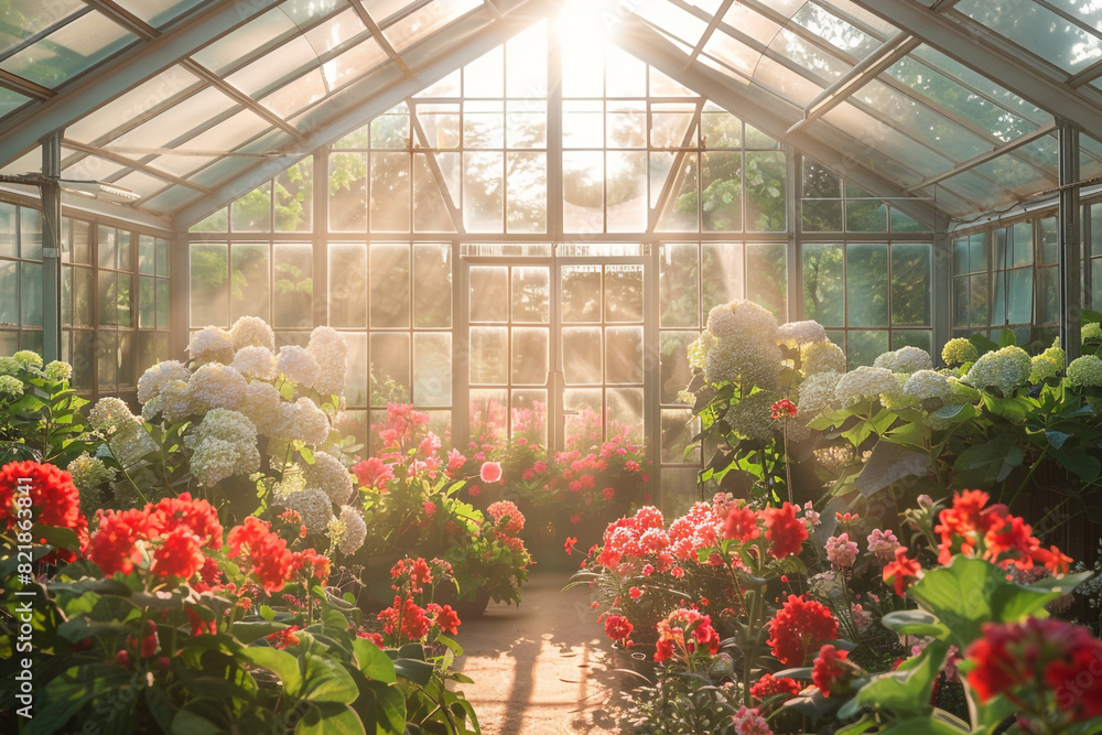 Sunlight Streaming through a Glass Greenhouse with Lush Flowers Sunlight Streaming through a Glass Greenhouse with Lush Flowers