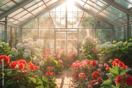 Sunlight Streaming through a Glass Greenhouse with Lush Flowers 