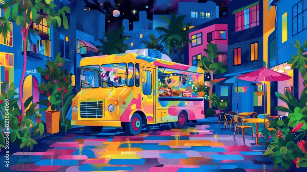 Obraz premium Colorful illustration of a food truck at a city festival at night, with vibrant lighting and a festive atmosphere.