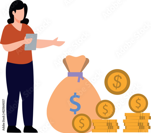 The girl shows a bag of money.