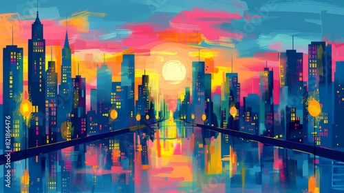 Vibrant digital illustration of a cityscape at sunset with reflective skyscrapers and a river. © neatlynatly