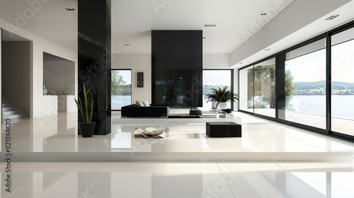 minimalistic luxury interior in white laminate flooring hyperrealism