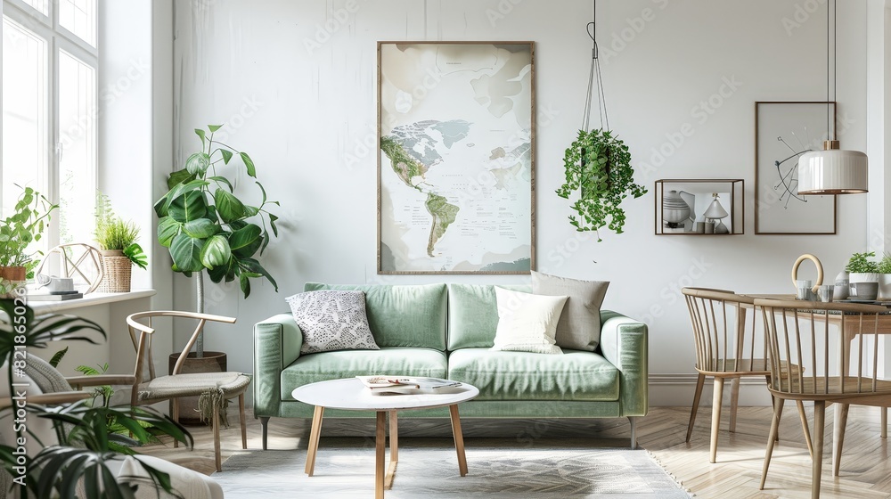 Stylish scandinavian living room with design mint sofa, furnitures, mock up poster map, plants and elegant personal accessories