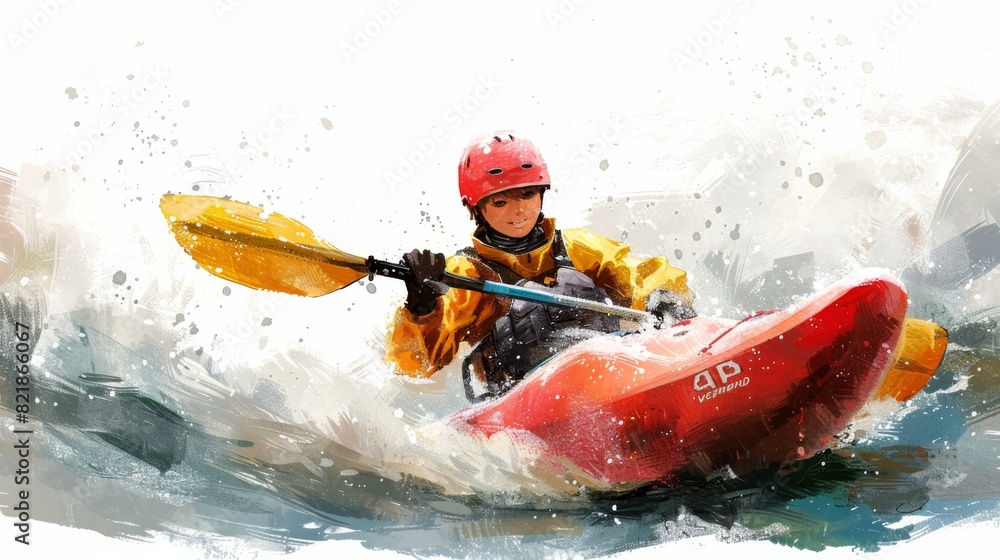 Illustration of a person in a red kayak navigating a whitewater rapid with splashes around. Illustration of a person in a red kayak navigating a whitewater rapid with splashes around.
