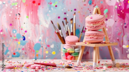 Tiny easel with confetti, pink macarons, candies, brushes and watercolor color wheel. Sweettooth artist tools creative party concept.