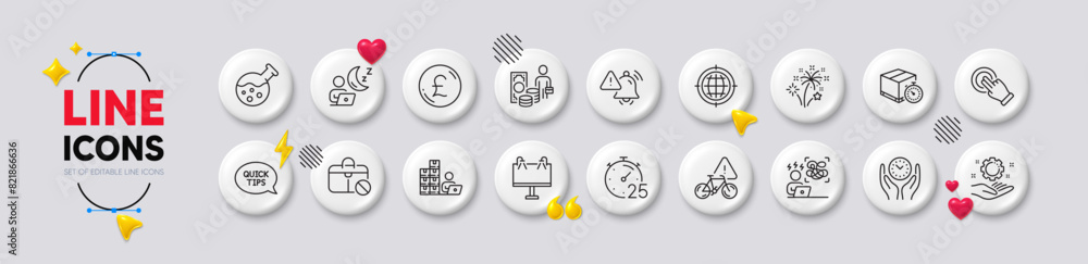 Inventory, Pound money and Fireworks line icons. White buttons 3d icons. Pack of Difficult stress, Timer, Attention bell icon. Touchscreen gesture, Money profit, Quickstart guide pictogram. Vector Inventory, Pound money and Fireworks line icons. White buttons 3d icons. Pack of Difficult stress, Timer, Attention bell icon. Touchscreen gesture, Money profit, Quickstart guide pictogram. Vector