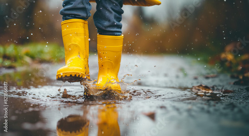 A child jumps through puddles in yellow boots.Generative AI © Anatoli