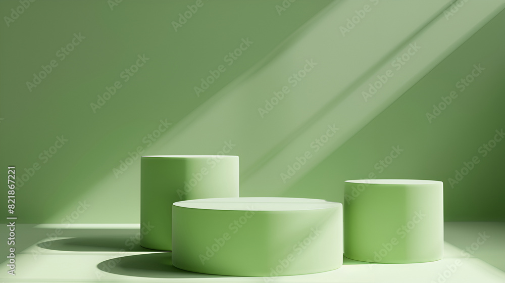 Green color theme with two cylindrical pedestals in shaded room, Green Showcase Podium composition, Scene to show products, 3D , Minimal abstract podium green background for product presentation Green color theme with two cylindrical pedestals in shaded room, Green Showcase Podium composition, Scene to show products, 3D , Minimal abstract podium green background for product presentation