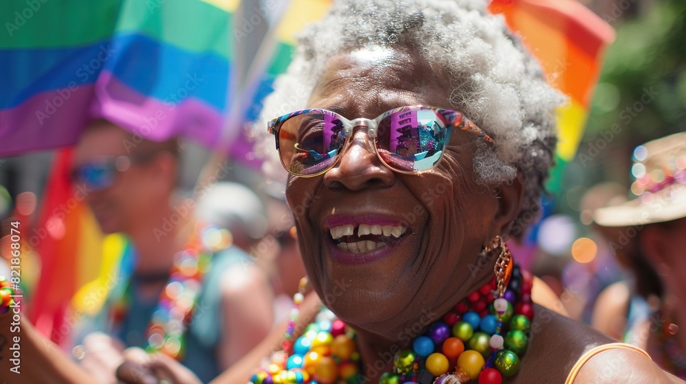 a woman wearing a straw hat and colorful necklace smiles while holding a rainbow - colored umbrella, with a colorful bead visible in the foreground and a large nose in the background a woman wearing a straw hat and colorful necklace smiles while holding a rainbow - colored umbrella, with a colorful bead visible in the foreground and a large nose in the background