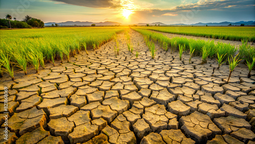 Rice field no water ,environment hot season. Dry cracked soil with rice field 
