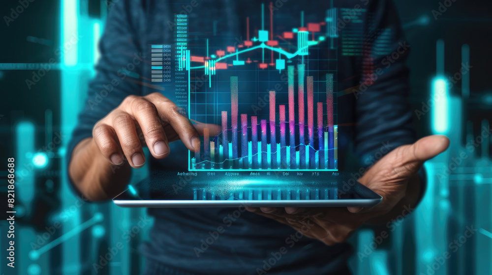A businessman uses a tablet to analyze financial data, displaying colorful graphs and charts, in a high-tech office with a dark background A businessman uses a tablet to analyze financial data, displaying colorful graphs and charts, in a high-tech office with a dark background