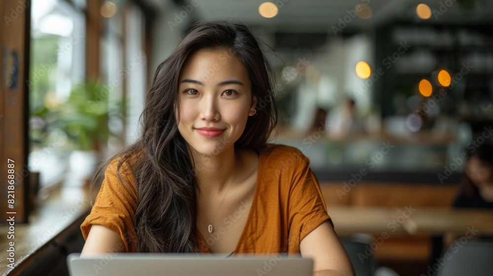A smiling woman sitting at a table with a laptop in a cafe setting. A smiling woman sitting at a table with a laptop in a cafe setting.