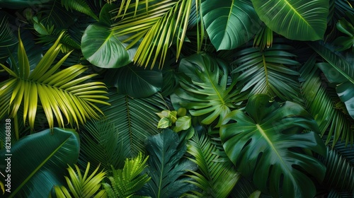 A cluster of tropical leaves with varying textures and shades of green  featuring an open area for text placement