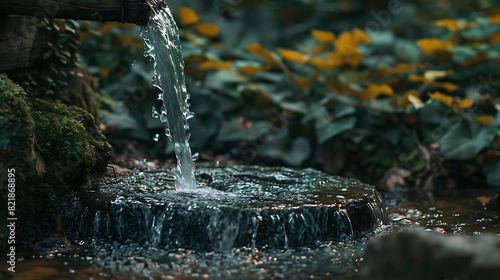 Refreshing stream of water pouring from a rustic spout, offering a moment of tranquility in the midst of nature's embrace.