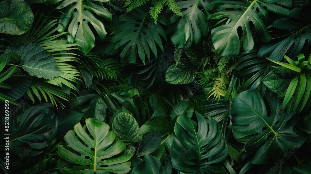 A composition of different tropical leaves in green tones, with a central open space ideal for text placement