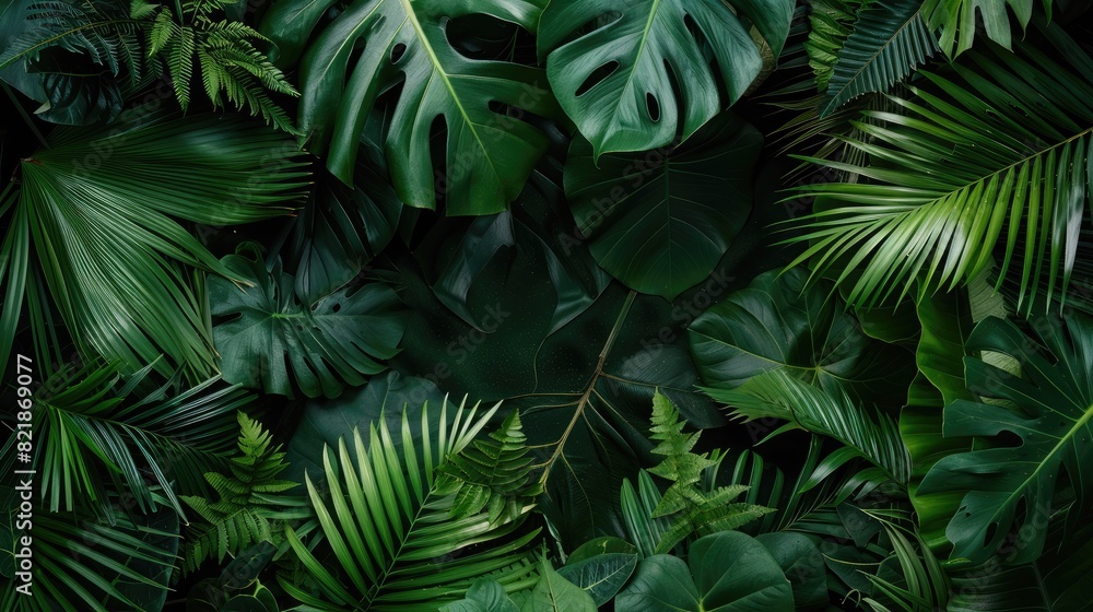 A composition of different tropical leaves in green tones, with a central open space ideal for text placement A composition of different tropical leaves in green tones, with a central open space ideal for text placement