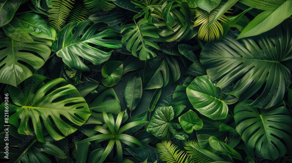 Fototapeta premium A composition of different tropical leaves in green tones, with a central open space ideal for text placement