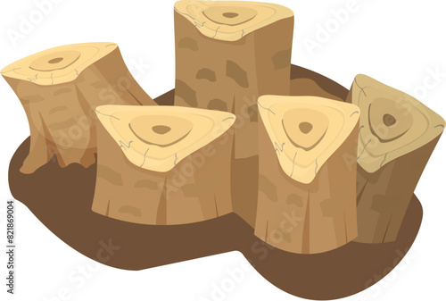Cartoon tree stumps illustration depicting the environmental issue of deforestation and habitat destruction caused by cutting trees for timber and wood industry