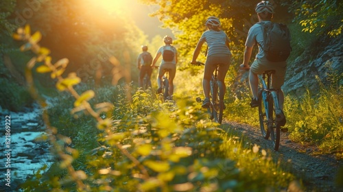 A group of friends biking along a scenic trail surrounded by lush greenery and bright summer sunshine