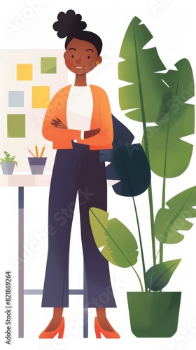 Illustration of a smiling businesswoman writing on a whiteboard in an office setting with plants.