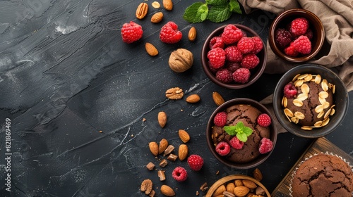 Top view of delicious breakfast with cereal, chocolate muffin, nuts and fresh raspberry on stone and vintage wooden texture Dark background layout with free text space, Healthy eating and diet concept