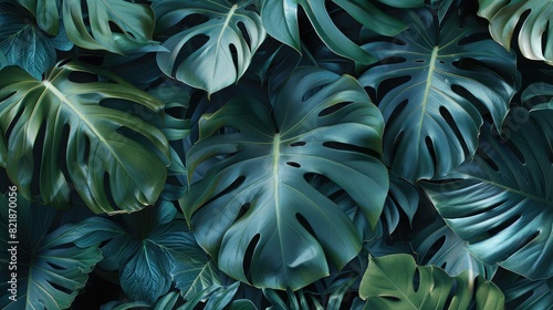 A serene arrangement of large tropical leaves with a soft focus in the middle, perfect for adding text or fabric patterns © ULTRAWORKS
