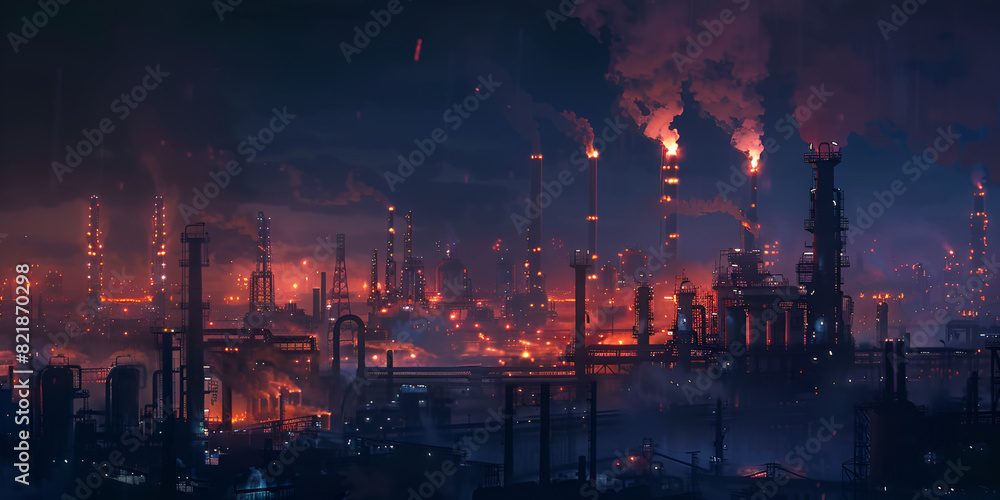 With the reddish lights at night over the cityscape in the style of industrial background