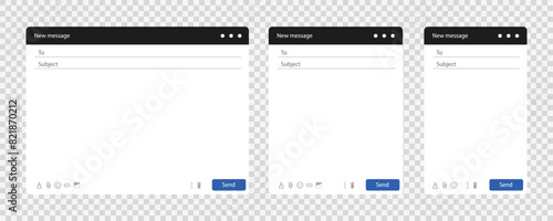 Mail window template set for laptop, tablet and phone. Internet mail frame. Vector EPS 10