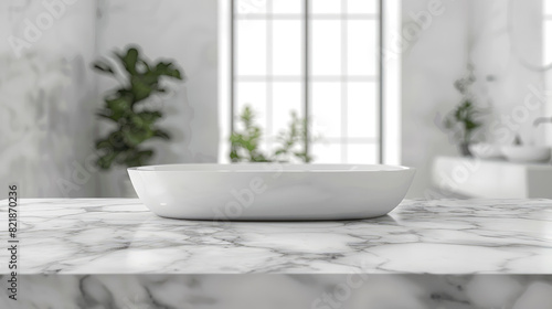 White bathroom interior. Empty marble table top for product display with blurred bathroom interior background