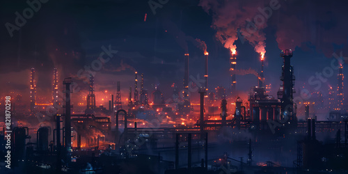 With the reddish lights at night over the cityscape in the style of industrial background