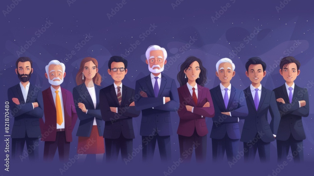 © neatlynatly - Illustration of a unified row of Caucasian businesspeople with arms crossed, under a starry sky.
