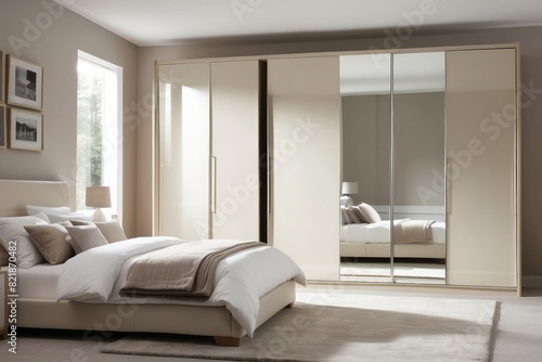 Spacious Beige Master Bedroom Design With 3 Door White Mirrored Sliding Wardrobe