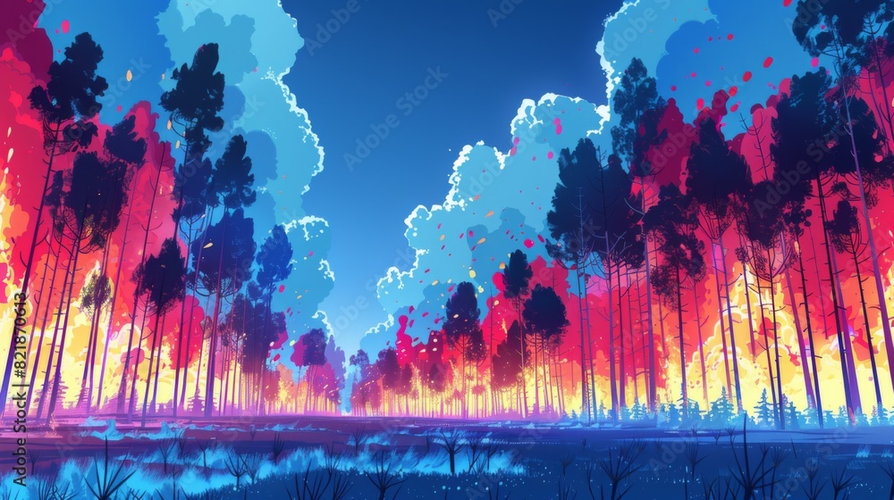 Illustration of a forest fire, with trees engulfed in flames under a smoke-filled sky. Illustration of a forest fire, with trees engulfed in flames under a smoke-filled sky.