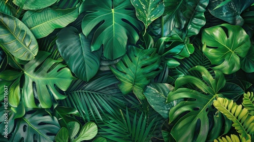 A collage of different tropical leaves in various shapes and shades of green  with sections intentionally left blank for text placement or fabric design