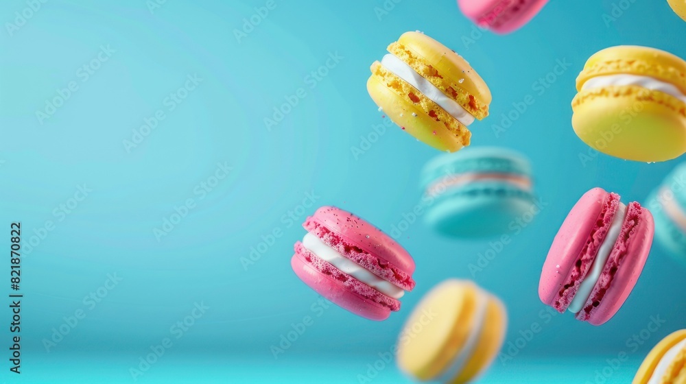 A colorful pastel background with flying macarons. A colorful pastel background with flying macarons.