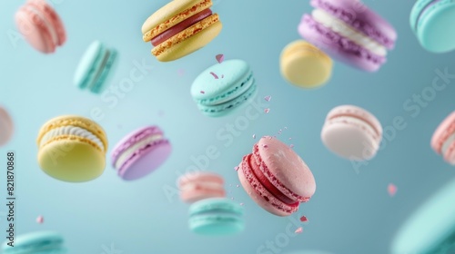 A colorful pastel background with flying macarons.